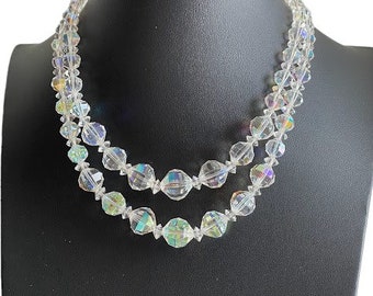 Vintage Laguna Two Strand Aurora Borealis Faceted Glass Graduated Bead Necklace