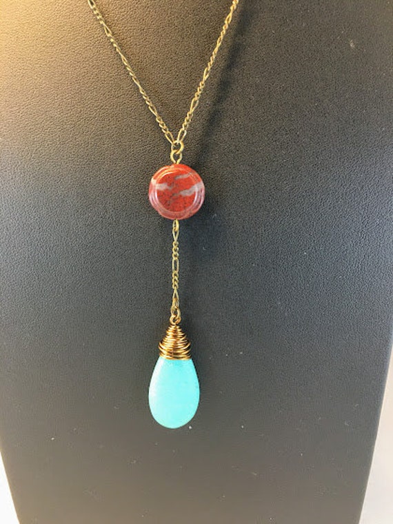 Artisan Carved Red Jadeite and Turquoise Y Pendan… - image 2