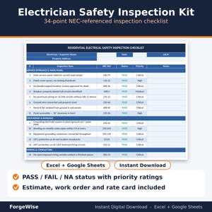 Inspectiepakket voor elektriciensveiligheid, NEC-referentie, kostenraming, werkbon (Excel/Sheets)