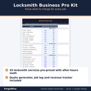 May include: A Locksmith Business Pro Kit digital document featuring a Service Price List table with residential, automotive, and commercial categories. It includes columns for base rates in dollars and after-hours surcharges, plus a quote generator.