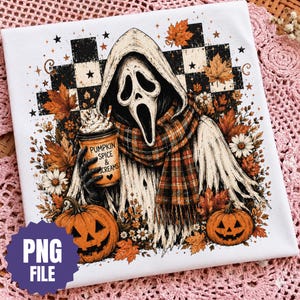 May include: A white t-shirt featuring a graphic of a ghost character wearing a plaid scarf and holding a coffee cup labeled PUMPKIN SPICE & SCREAMS. The design includes orange pumpkins, autumn leaves, white flowers, and a black and white checkered background.