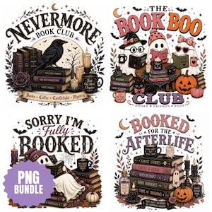 May include: A set of four digital illustrations featuring book-themed designs. The graphics include a raven on books, ghosts reading, a ghost under a blanket, and a stack of books with text like Nevermore Book Club, The Book Boo Club, Sorry I'm Fully Booked, and Booked for the Afterlife.