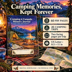 May include: A Camping & Campsite Memory Journal with a cover featuring a tent, campfire, and mountain lake scene. Text includes 'Camping Memories, Kept Forever', '60 PDF PAGES', '26 CAMPING TRIPS', 'Two facing pages per trip', and 'US Letter 8.5 x 11 in'.