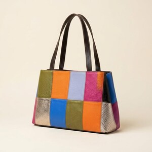 Patchwork Leather Shoulder Bag, Colorful Suede Tote, Slouchy Handbag, Multicolor Artisan Hobo Retro Purse