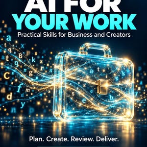 May include: A book cover titled AI FOR YOUR WORK, AI LEARNING SERIES BOOK 4, featuring a glowing, translucent briefcase outline filled with floating letters and light trails. The text reads: Practical Skills for Business and Creators, Plan. Create. Review. Deliver. PRACTICAL GUIDE + WORKBOOK.