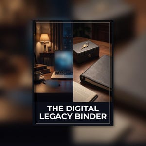 Könnte beinhalten: Ein schwarzer Ordner mit der Aufschrift THE DIGITAL LEGACY BINDER, der eine geteilte Ansicht eines Schreibtisches mit Laptop, Kaffeetasse, einer kleinen abschließbaren Box mit Schlüssel und einem aufgeschlagenen Buch mit sichtbarem Text zeigt.