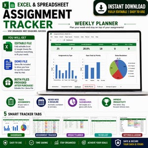 May include: An Excel and Google Sheets assignment tracker and weekly planner digital template. The interface displays a dashboard with bar charts, a pie chart, and status metrics. Includes five tabs: Dashboard, Assignment Tracker, Weekly Planner, To-Do List, and Settings & Legend.