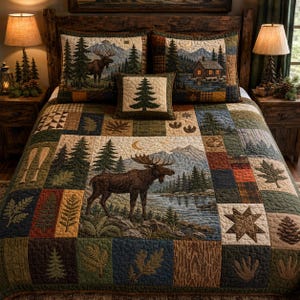 May include: A patchwork quilt featuring a nature-themed design with a moose, pine trees, mountains, a cabin, and leaves. The quilt is composed of various square and rectangular blocks in earth tones, including brown, green, and blue.