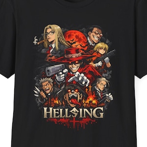 May include: A black short-sleeve t-shirt featuring a graphic print of characters from the anime series Hellsing. The design includes a central figure in a red hat and coat holding a handgun, surrounded by other characters, a red moon, and the text Hellsing.