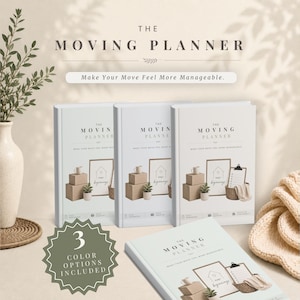 May include: Three upright planners and one flat planner titled The Moving Planner, featuring a graphic of stacked boxes and a house outline. The text reads Make Your Move Feel More Manageable. A green starburst badge states 3 Color Options Included.