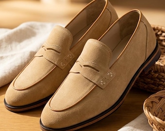 Men's Beige Suede Penny Loafers | Classic Saddle Strap Slip-On Shoes | Handmade Leather Loafers for Men | Casual Formal Wear