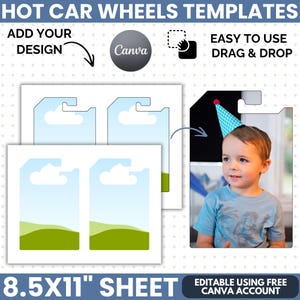 以下が含まれることがあります： 8.5x11インチのシート用ミニカーパッケージのデジタルテンプレート。HOT CAR WHEELS TEMPLATES、ADD YOUR DESIGN、EASY TO USE DRAG & DROP、EDITABLE USING FREE CANVA ACCOUNTというテキストが含まれています。パーティーハットをかぶった子供の写真が含まれています。