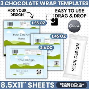 May include: Three digital chocolate wrap templates for 1.55 oz, 1.45 oz, and 2.6 oz bars on 8.5x11 inch sheets. The templates feature a blue sky and green hills design with placeholders for custom text, barcodes, nutrition facts, and QR codes.
