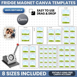 Puede incluir: Una colección digital de plantillas Canva para imanes de nevera en ocho tamaños, incluyendo 4x3.25, 2.75x3.5, 2.6x3.5, 3.1x3.1, 2.5x2.5 y 2x2 pulgadas. Incluye una herramienta de corte manual de metal con mango rojo y un diseño de muestra.