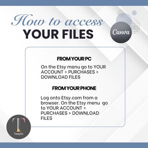 May include: An instructional graphic titled How to access YOUR FILES with a Canva logo. It provides step-by-step directions for downloading files from Etsy using a PC or a phone, directing users to the YOUR ACCOUNT, PURCHASES, and DOWNLOAD FILES menu.