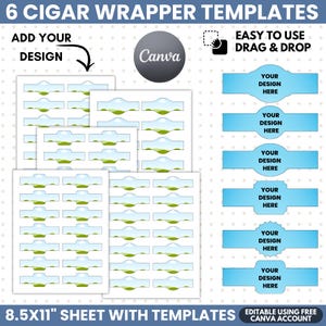 May include: A digital graphic displaying 6 cigar wrapper templates on an 8.5x11 inch sheet. The layout includes multiple rows of rectangular labels with a landscape illustration, alongside 6 individual blue labels with the text YOUR DESIGN HERE.