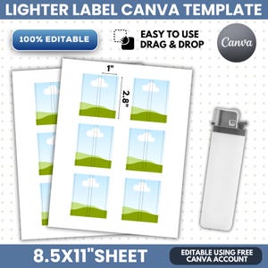 May include: A digital Canva template for lighter labels on an 8.5x11 inch sheet. The template features six rectangular labels, each measuring 1 inch by 2.8 inches, displaying a landscape graphic with a blue sky, white clouds, and green hills.