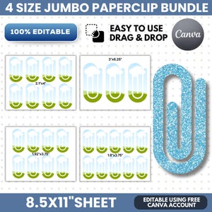 May include: A 4 size jumbo paperclip bundle digital file on an 8.5x11 inch sheet. The design features blue and green cloud and grass patterns. It is 100% editable, drag and drop, and compatible with a free Canva account for easy customization.
