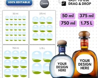 Tequila-etiketter i 4 storlekar, mallar för canvas, redigerbara flaskdekaler, födelsedagsfirande