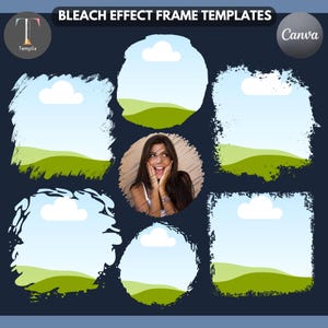 May include: A collection of six digital frame templates with a bleach effect, featuring irregular edges and a landscape graphic of green hills and white clouds. The center circular frame contains a photograph of a person with hands on their face.