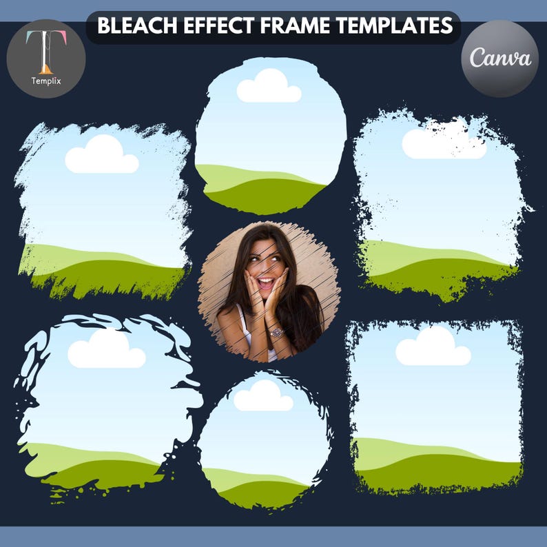 May include: A collection of six digital frame templates with a bleach effect, featuring irregular edges and a landscape graphic of green hills and white clouds. The center circular frame contains a photograph of a person with hands on their face.