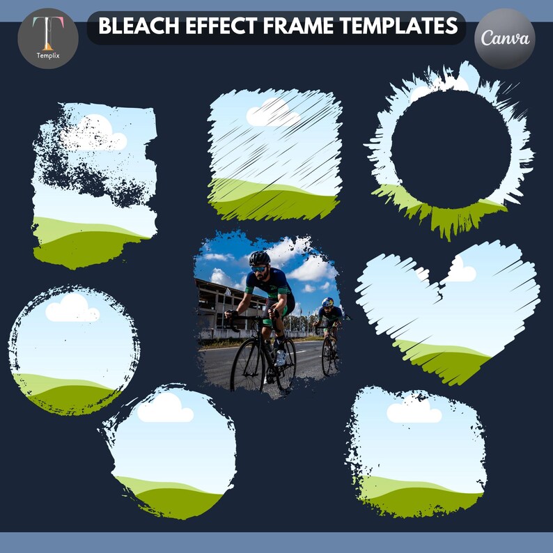 May include: A collection of digital graphic design elements titled BLEACH EFFECT FRAME TEMPLATES. The set includes various shapes with distressed edges, featuring a landscape illustration of green hills and blue skies, plus a central photo of a cyclist.