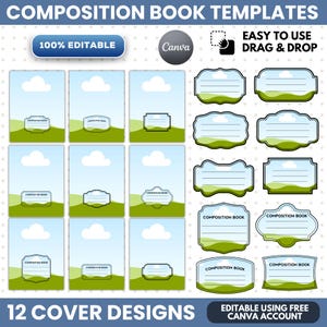 Puede incluir: Un conjunto de 12 plantillas para cuadernos con un diseño de cielo azul, nubes blancas y colinas verdes. La colección digital incluye varias etiquetas rectangulares y decorativas con líneas, totalmente editables en una cuenta de Canva.