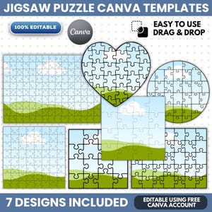 Może przedstawiać: Szablony puzzli Canva w siedmiu różnych kształtach, w tym prostokątnych, kwadratowych, sercowych i okrągłych. Każdy szablon przedstawia jasnoniebieskie niebo z białymi chmurami nad zielonym krajobrazem. Tekst zawiera JIGSAW PUZZLE CANVA TEMPLATES, 100% EDITABLE, EASY TO USE DRAG & DROP oraz 7 DESIGNS INCLUDED.