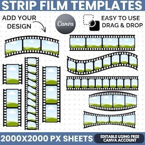 Puede incluir: Una colección de plantillas de tiras de película negras con varios diseños rectos, curvos y ondulados. Cada marco contiene una imagen de marcador de posición de un paisaje verde bajo un cielo azul. El texto incluye STRIP FILM TEMPLATES, ADD YOUR DESIGN, EASY TO USE DRAG & DROP, 2000X2000 PX SHEETS y EDITABLE USING FREE CANVA ACCOUNT.