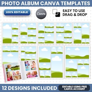 May include: A set of 12 digital photo album templates for Canva featuring various grid layouts with a blue sky and green hill background. The templates include text stating PHOTO ALBUM CANVA TEMPLATES, 100% EDITABLE, and EASY TO USE DRAG & DROP.