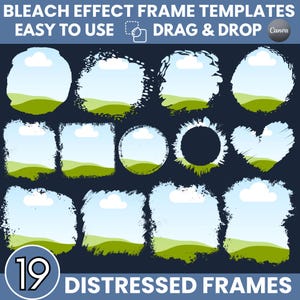 Könnte beinhalten: Eine Sammlung von 19 digitalen Rahmenvorlagen mit Bleicheffekt und abgenutzten Kanten in verschiedenen Formen wie Kreisen, Quadraten und einem Herz. Der Text lautet BLEACH EFFECT FRAME TEMPLATES EASY TO USE DRAG & DROP 19 DISTRESSED FRAMES.