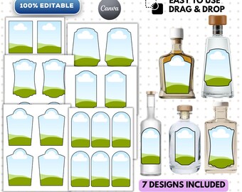 7 redigerbara Canva-mallar för tequilaetiketter, dra-och-släpp-flasketiketter (digital nedladdning)