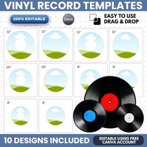 May include: Vinyl record templates featuring 10 designs in sizes 8, 9, 10, 11, and 12 inches. The digital set includes editable layouts with a drag and drop feature for Canva. Three physical black vinyl records with red, blue, and white center labels are shown.