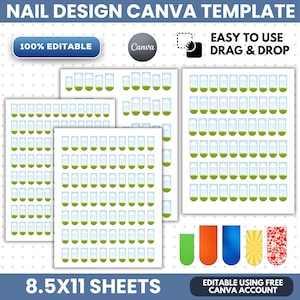 Pode incluir: Um modelo digital Canva para design de unhas com várias folhas de 8,5x11 polegadas com linhas de espaços reservados vazios em formato de unha. O gráfico inclui o texto NAIL DESIGN CANVA TEMPLATE, 100% EDITABLE e EASY TO USE DRAG & DROP.