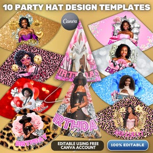 May include: A collection of 10 party hat design templates featuring diverse illustrations of individuals, balloons, money, and floral patterns. The text 10 PARTY HAT DESIGN TEMPLATES and 100% EDITABLE are visible. Each template includes birthday-themed graphics.