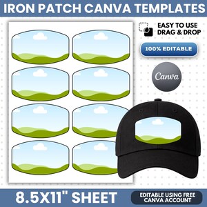 May include: A digital sheet of eight oval iron patch templates featuring a landscape graphic with green hills and a blue sky with clouds. A black baseball cap displays one of these patches. Text includes IRON PATCH CANVA TEMPLATES, 8.5X11 SHEET.