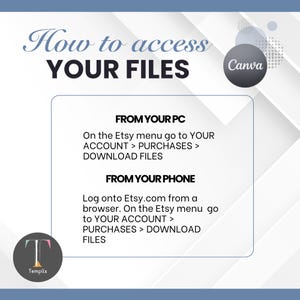 May include: An instructional graphic titled How to access YOUR FILES with a Canva logo. It provides step-by-step directions for downloading files from a PC and a phone via the Etsy account menu, purchases, and download files section, with a Templix logo.