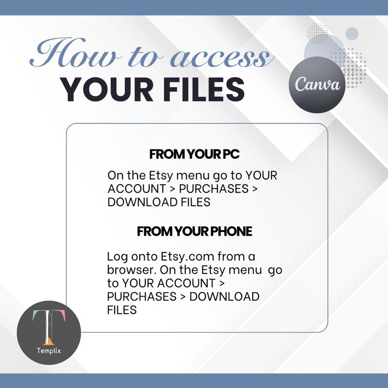 May include: An instructional graphic titled How to access YOUR FILES with a Canva logo. It provides step-by-step directions for downloading files from a PC and a phone via the Etsy account menu, purchases, and download files section, with a Templix logo.