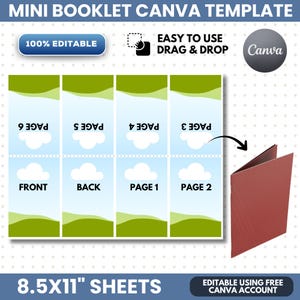 May include: A digital mini booklet Canva template on an 8.5x11 inch sheet. The layout features eight sections labeled front, back, and pages 1 through 6, decorated with a blue sky, white clouds, and green hills. Includes a red folded booklet icon.