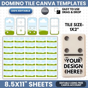 Puede incluir: Plantillas de Canva para fichas de dominó con tamaños de 2,54x5,08 cm en hojas de 21,59x27,94 cm. El archivo digital incluye diseños editables con un gráfico de paisaje de cielo azul, nubes blancas y colinas verdes. Una ficha de dominó blanca muestra el texto YOUR DESIGN HERE.