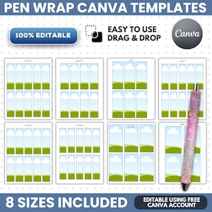 May include: A digital set of pen wrap Canva templates featuring eight different sizes with a blue sky and green grass graphic. The image includes text reading PEN WRAP CANVA TEMPLATES, 100% EDITABLE, EASY TO USE DRAG & DROP, and 8 SIZES INCLUDED.