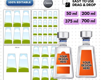 4 storlekar Tequila-etiketter Canva-mallar Bundle, Redigerbara flasketiketter Celebration, 50 - 750 ml