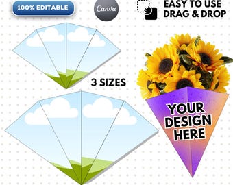 Mall för presentask med 3 pyramidbuketter, blomväska, mallar för triangelformade bröllopsblommor