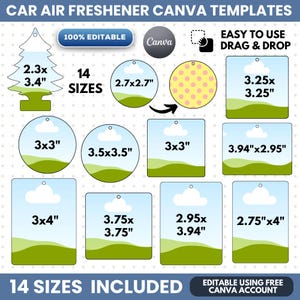 May include: A set of 14 editable car air freshener Canva templates in various shapes and sizes, including tree, circle, and rectangle outlines. Each template features a landscape graphic with a blue sky, white clouds, and green hills.