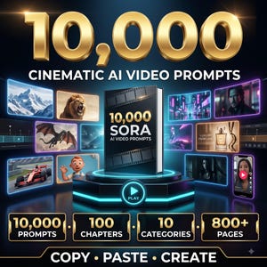 Może przedstawiać: Cyfrowa prezentacja produktu z centralnie umieszczoną książką zatytułowaną 10,000 SORA AI VIDEO PROMPTS na świecącym cokole. Wokół książki znajdują się różne filmowe ramki obrazów z tekstem 10,000 CINEMATIC AI VIDEO PROMPTS w złotym kolorze.