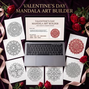 Op de afbeelding: Een laptop met de Valentine's Day Mandala Art Builder-software, omringd door geprinte vellen met zwart-wit mandala lijntekeningen en één gekleurde mandala, gerangschikt op een donkerpaarse stof met rode rozen.