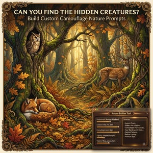 Könnte beinhalten: Eine herbstliche Waldillustration mit einer Eule in einer Baumhöhle, einem im Laub zusammengerollten Fuchs und einem Hirsch zwischen Wurzeln. Der Text lautet: CAN YOU FIND THE HIDDEN CREATURES? Build Custom Camouflage Nature Prompts. Nature Builder Tool.
