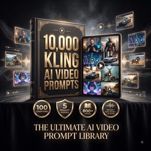 Op de afbeelding: Een zwart boek getiteld 10,000 KLING AI VIDEO PROMPTS naast een tablet met diverse videominiaturen. Daaronder staan vier gouden badges die 100 hoofdstukken, 5 promptmodi, 800+ pagina's en geluid, dialoog en lipsynchronisatie aangeven.