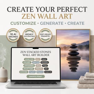 Könnte beinhalten: Ein Laptop-Bildschirm zeigt eine Benutzeroberfläche für einen Zen-Stein-Wandkunst-Generator mit Optionen für Steintyp, Stapelung, Atmosphäre, Reflexionen und KI-Engine. Der Text lautet CREATE YOUR PERFECT ZEN WALL ART, CUSTOMIZE, GENERATE, CREATE.