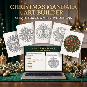 Puede incluir: Un ordenador portátil que muestra una interfaz de creación de mandalas navideños con opciones de diseño y un mandala generado, rodeado de cinco hojas impresas con dibujos de líneas en blanco y negro de mandalas y adornos festivos.